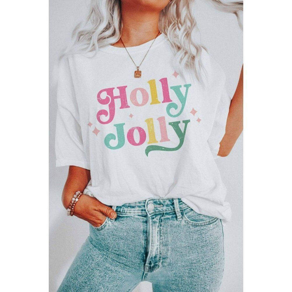 SALE! Holly Jolly Oversized Graphic Tee Comfort Colors Relaxed Shirt Christmas - Picture 3 of 4
